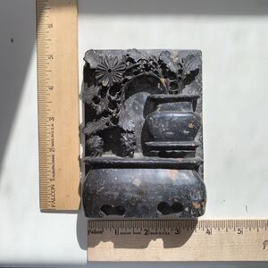 Vintage TOC Soapstone Bookend Plant w Flowers Overgrowing Pot Carving  EUC